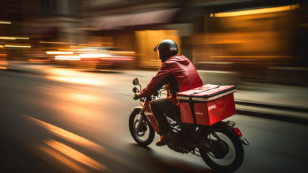 Delivery man on a motorbike in motion blur. Shallow DOFの素材