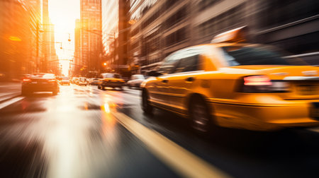 Yellow taxi on the road in the city. Blurred motion.の素材