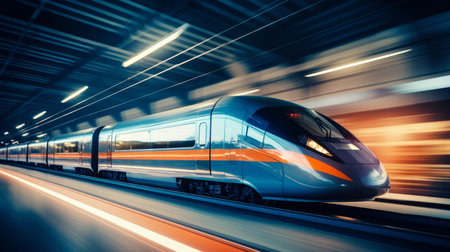 High speed train moving at high speed on the highway with motion blurの素材