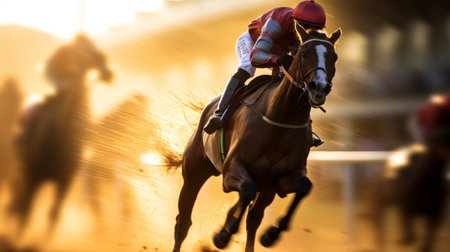 Race horses and jockeys in the sunset light, motion blurの素材
