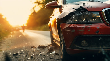 Car crash accident on the road. Close-up image of damaged car.の素材