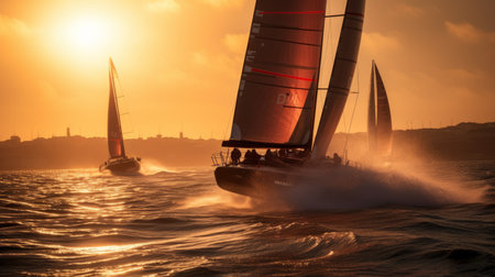 Sailing regatta in the sea at sunset. Luxury yachts.の素材