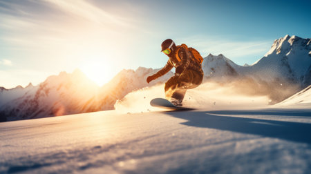 Snowboarder jumping on snowy mountains at sunset. Extreme winter sport.の素材