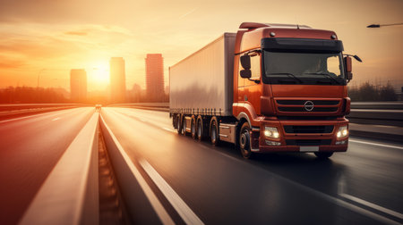 Truck on the highway at sunset. Transportation and logistics concept.の素材