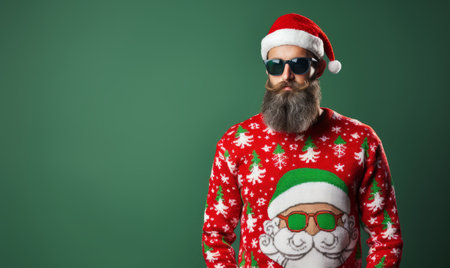 handsome bearded man with long beard and mustache wearing santa claus christmas sweater and sunglasses on green chalkboard backgroundの素材