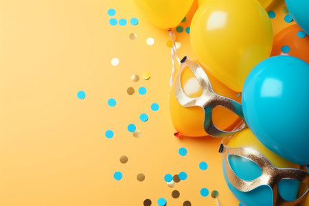 Composition with carnival masks and confetti on color background, closeupの素材