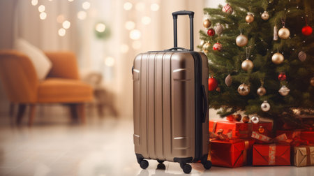 Travel suitcase with christmas tree and gifts on background at living roomの素材