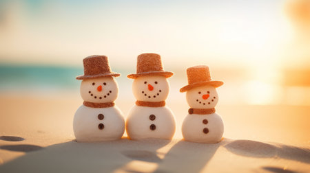 Snowman family on the beach at sunset. Christmas and New Year conceptの素材