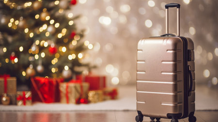 Luggage on the background of the Christmas tree. Holiday concept.の素材