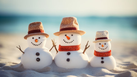 snowman family on the beach in the summer. Christmas and New Year conceptの素材