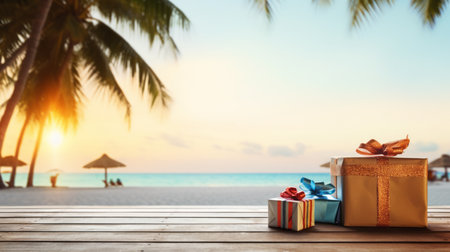 Gift boxes on wooden deck over blur tropical beach background. Holiday and vacation conceptの素材