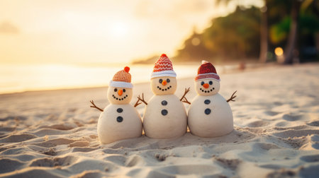 Snowman family on the beach at sunset. Christmas and New Year concept.の素材