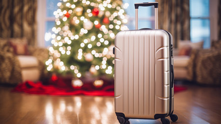 Travel suitcase with Christmas tree on background at home in the living roomの素材