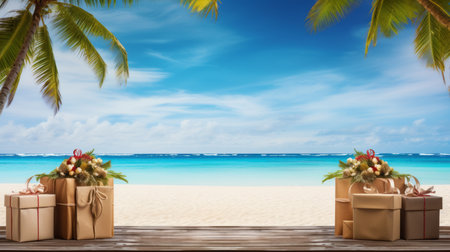 Wooden table with gift boxes on tropical beach background. Holiday conceptの素材