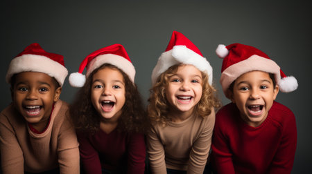 happy kids in santa hats looking at camera and smiling isolated on greyの素材