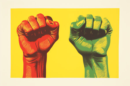 Fist raised in the air on a yellow background. Illustration.の素材