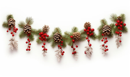 Christmas garland with pine cones and red berries isolated on white backgroundの素材