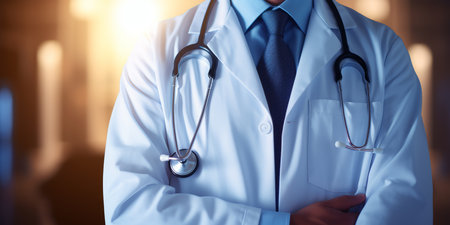 Male doctor standing with stethoscope at hospital. Medical and healthcare concept.の素材