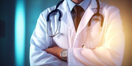 Close-up of a doctor with a stethoscope in his handsの素材