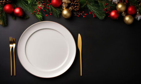 Christmas table place setting with golden cutlery and christmas decorations on black backgroundの素材
