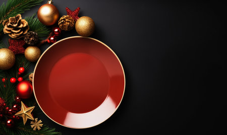 Christmas table setting with red plate and decorations. Top view with copy spaceの素材