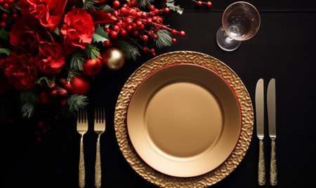 Christmas table setting with red flowers and golden cutlery on black backgroundの素材
