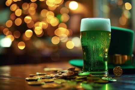 Green beer in a glass and gold coins on the background of the Christmas treeの素材