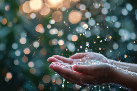 Hand holding water drops with bokeh light background, Ecology conceptの素材