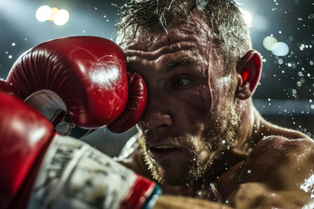 Portrait of a boxer in red boxing gloves, fighting in the ringの素材