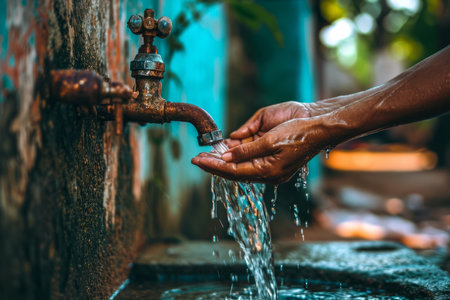 Close up of man's hand holding water tap in the garden.の素材