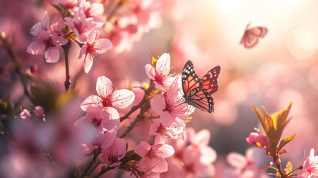 Beautiful pink sakura flowers with butterfly, selective focus, vintage toneの素材