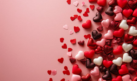 Valentine's day background with red and white hearts on pink backgroundの素材