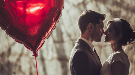 Beautiful young couple in love with red heart-shaped balloons.の素材