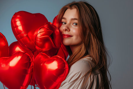 Portrait of a beautiful young woman with red heart shaped balloons.の素材