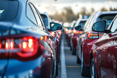 Traffic jam with row of cars on the road in the eveningの素材
