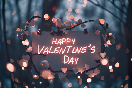 Happy Valentines Day card with heart shaped lights in the forest.の素材