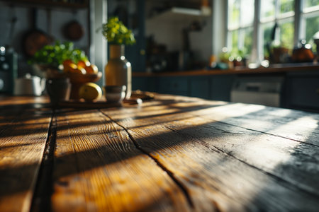 Wooden table in the kitchen with sunbeams from the windowの素材
