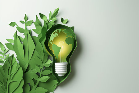 Green energy concept with light bulb and green leaves. 3D Renderingの素材
