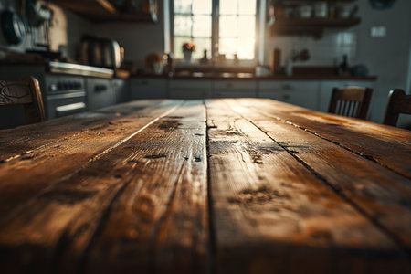 Wooden table and chairs in the kitchen at sunset. Selective focus.の素材