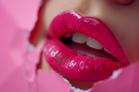 Close up of beautiful female lips with bright pink lipstick on pink background.の素材