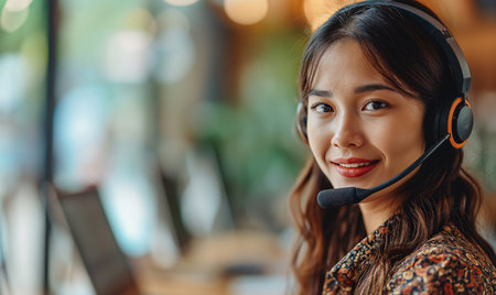 Portrait of beautiful asian woman customer support phone operator in headset smiling looking at camera.の素材