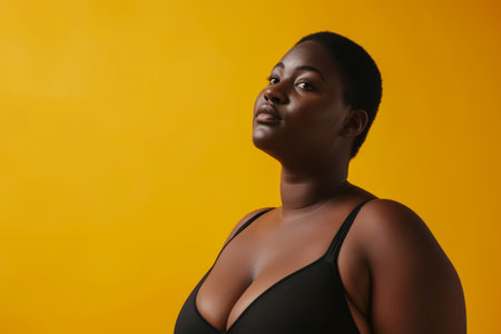 Young african american woman in black bra on yellow background.の素材