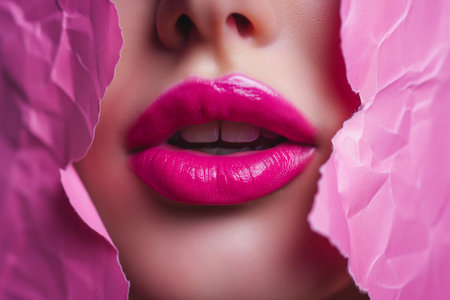 Beautiful female lips with pink glossy lipstick. Close-up portrait.の素材
