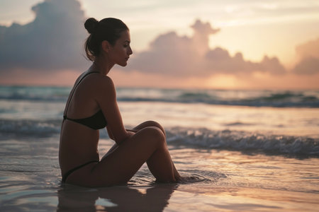 Beautiful woman in bikini sitting on the sand and looking at sunsetの素材