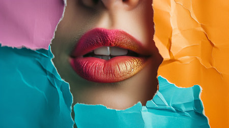 Beautiful female lips with red lipstick and torn paper on colorful backgroundの素材