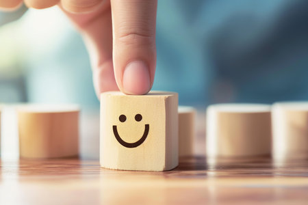 Wooden blocks with smiley face icon on table, closeupの素材