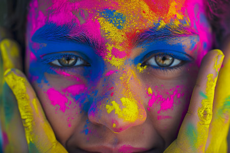 Portrait of a beautiful young girl with bright make-up and multicolored paint on her faceの素材