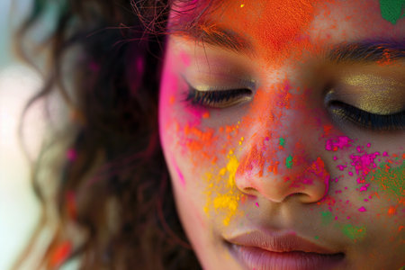 Closeup portrait of beautiful young woman with face covered with color powderの素材