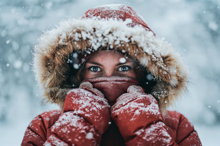 Winter portrait of a beautiful girl in a red coat and a red hat in the snowの素材