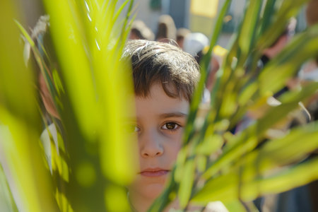 Portrait of a little boy hiding behind a palm leaf on the streetの素材